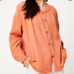 Free People We The Free Relaxed Perpetual button down orange raw hem shirt sz M